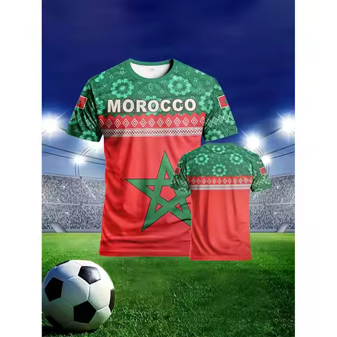 Men Morocco Football T-shirt 3D Print Flag Graphic Street Sports Short Sleeve T Shirts Summer Casual