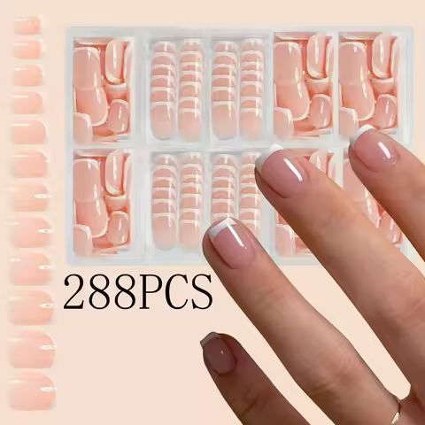 288pcs/Box White French Pointed Nail Press, Short Square Fake Nail Press, Acrylic Bare Pink Nail Pre