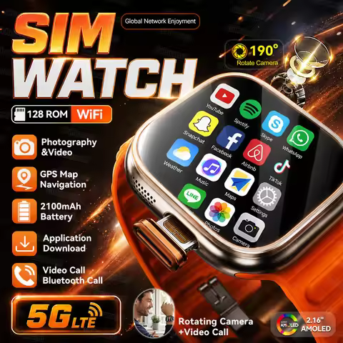 5G/4G Globally Universal SIM Smart Watch AMOLED Screen 190 ° Rotating Camera Video Call GPS 8+128GB 