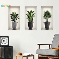 OSYAN สติกเกอร์ติดผนังกระถางต้นไม้สีเขียว3แผ่นสติกเกอร์ติดผนังหน้าต่างปลอม3D ไวนิลตกแต่งผนังห้องนั่ง