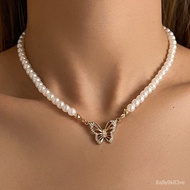 Vintage Elegant Simulated Pearl Necklace Fashion Beaded Butterfly Pendant Choker Necklace Women Gi00