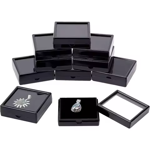 10PCS Black Gemstone Display Box Square Acrylic Jewelry Box Container 2.4x2.4x0.8inch with Clear Top