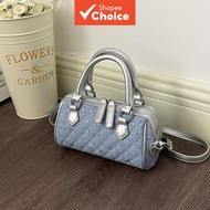 Light Blue Rhinestone Denim Boston Bag | Silver PU Trim Y2K Style Zipper Mini Crossbody Purse For Wo