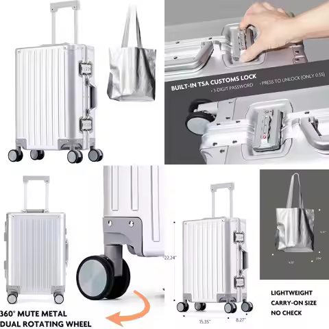20 Aluminum Hard Shell Carry-On Luggage, Airline Approved, 22x14x9, Silver, Zipperless Design