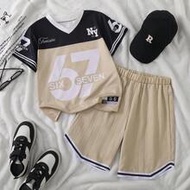 2pcs/Set Boys Sports Outfit, Including 1pc Casual Versatile Letter Print Jersey, 1pc V-Neck Short Sl