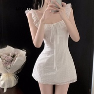 (Trendy) Lovito Cute Plain Tie Front Eyelet Embroidery Dress for Women L122AD063
