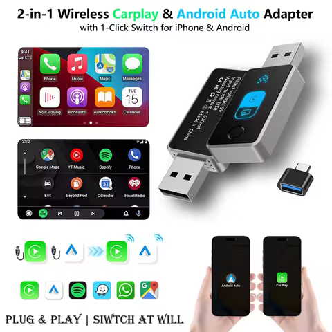 2in 1 Wireless Android Auto & Carplay Adapter,Plug & Play Car Play Adapter with 1-Click Switch for i