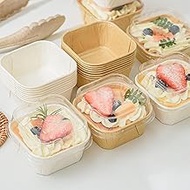 100 Pcs 5 Oz Baking Pans with Clear Lid, 2.5 Inch Kraft Paper Square Cupcake Cups, Mousse Cake Liner