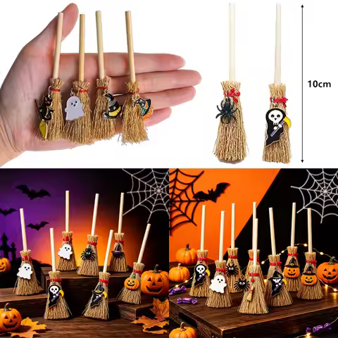 1/5/10Pcs Mini Witch Broom Halloween Decor Small Broom Stick with Halloween Pendant Charm for Party 