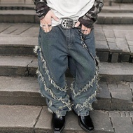 Loose Fit Men's Solid Color Frayed Edge Jeans, Without Belt, Emo Style