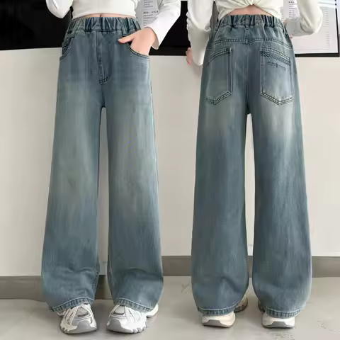 Brief Style Kids Spring Autumn Loose Straight Jeans for Teenager Girls Casual Solid Color Denim Pant