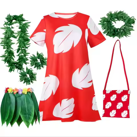 Girls Role Play Cartoon Heroine Dress Hawaii Children Red Frock Featured with White Feather Print Oh