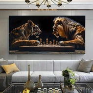 Large Frameless Canvas Art | Majestic Tigers and Lion Chess Scene, Modern Wall Decor for Living Room