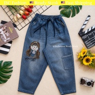 Ready Stock Vintage Embroidery Denim Jogger Pants Elastic Waist Casual Long Pants C0460