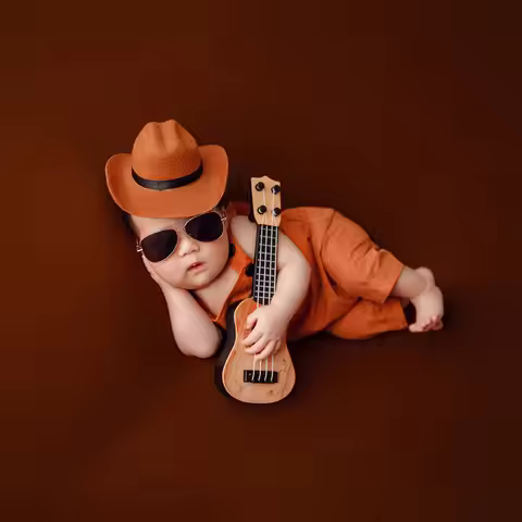 Infants Photography Props Clothes Overalls Cowboy Hats Baby Boy Photoshoot Outfit Sunglasses Guitar 