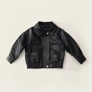 (QCCC) Super cool black leather bomberJacket with elastic waistband for boys - AK073