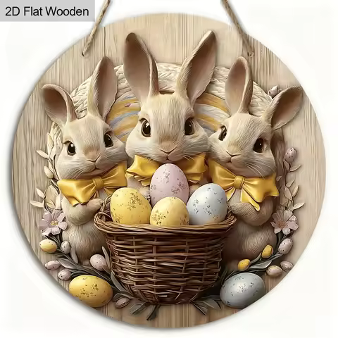 2D plan, 1 piece of retro Easter wooden wall decoration with cute rabbit and Easter egg design