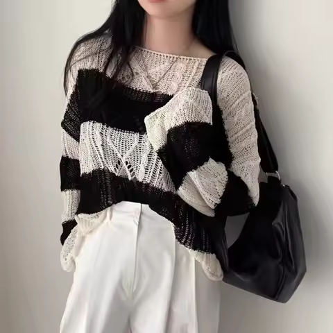Women Distressed Striped Sweater Openwork Pullover Sheer Knit Ripped Jumper Cozy Top Summer Cover Up