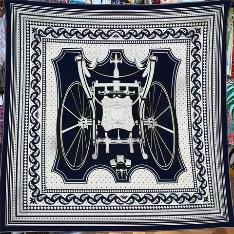 130cm French Winter Geometric Striped Carriage Faux Silk Wool Square Scarf Women Wraps Pashmina Hija