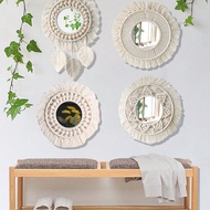 1Pc Circular Bohemian Wall Mounted Tassel Mirror,Hand Woven Acrylic Mirror,Bohemian Wall Mounted Mir