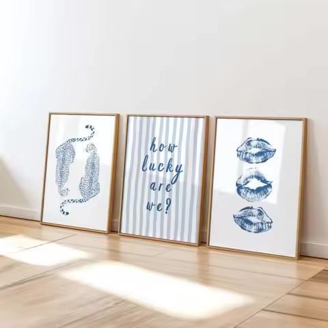 3 Frameless Navy Blue Dormitory Poster Canvas Paintings, Blue Stripes How Lucky Are We, Fashionable 