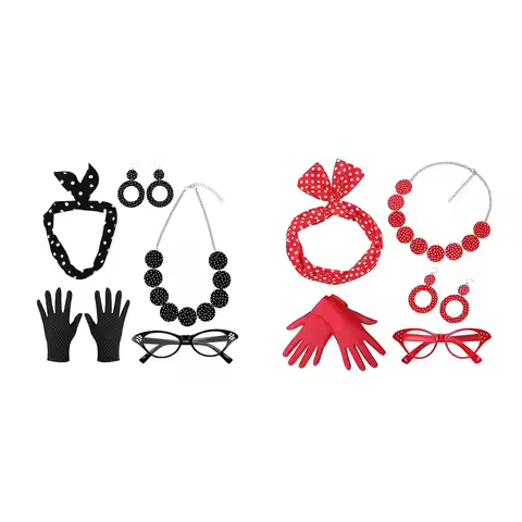 5 Pack 1950S Womens Costume Set Glasses Hair Band Gloves Necklace Earring 50S Polka Dot for Hallowee
