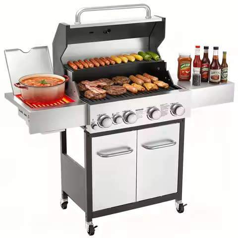 4 Burner Gas Grill with Side Burner, 4 Burner Outdoor Cooking Grill with Infrared Side Burner, Outdo