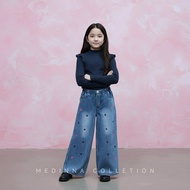 Girls' Wide Leg Star Embroidered Jeans Ages 6-13 Years - Elastic Waist Denim Culottes