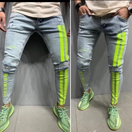 HOPEU Skinny Ripped Jeans Decoration Geometric Stripes Letter Pattern Slim Fit Men Jeans Pants New S