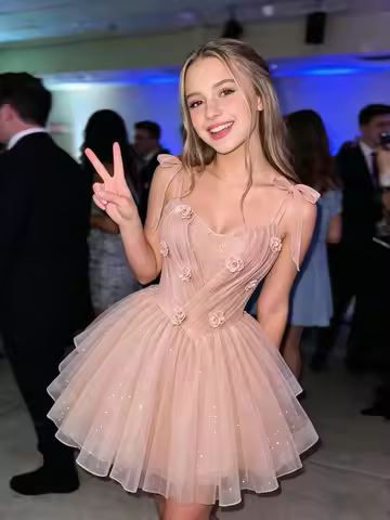 Short Homecoming Dresses Pleated Tulle Off Shoulder DAMA Dresses for Quince Glitter 3D Flower Bow St