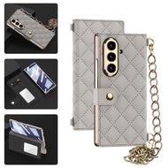 เคสหนังแบบพับ Diamond Quilt Z Fold 7 ฝาพับสีทอง พร้อมช่องใส่บัตร ขาตั้ง และช่องใส่การ์ด เคส Samsung 