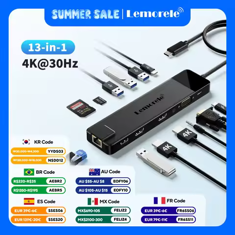 Lemorele TC100 13 Port Usb Hub 3.0 High Speed Hub Usb Type C HDMI 4k RJ45 1000mbps SD TF For Laptop 