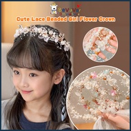 BEVAVAR Flower Lace Crown Kids Girl Cute Pearl Ribbon Headband Pengantin Crown Kids Lace Garland Cro
