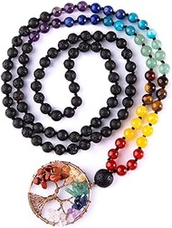 108 Mala Beads Bracelet - 7 Chakra Tree of Life Real Healing Gemstone Yoga Meditation Hand Knotted Mala Prayer Bead Necklace(Lava Rock Stone)
