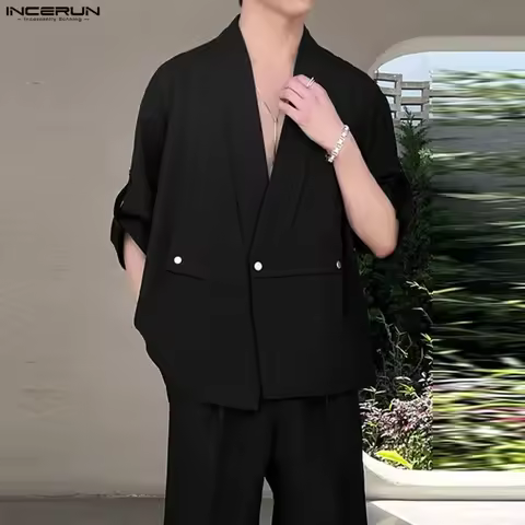 INCERUN Men's Shirt Solid Color V Neck Half Sleeve Men Clothes Streetwear Loose 2026 Vintage Casual 