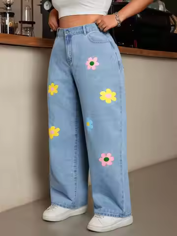 Plus Size Floral Print Wide Leg Jeans | High Waist Baggy Denim Pants