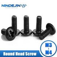 NINDEJIN 30/40Pcs M3 M4 Cross Recessed Screws Phillips Truss Mushroom Head Screw Black Plated Electronic Carbon Steel Small Screws