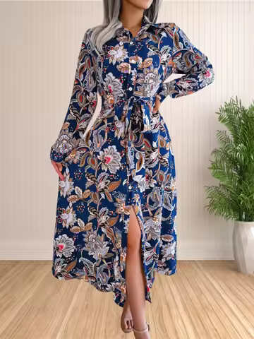 Shirt Dresses for Women Fall Flowy Floral Shirt Dress Button Down Shirt Dress Elegant Midi Dress Vac