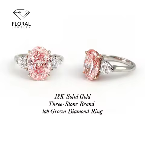 Oval Pink Lab Created Diamond Three-Stone Engagement Ring Custom Fine Jewelry CVD HPHT Diamond Ring 