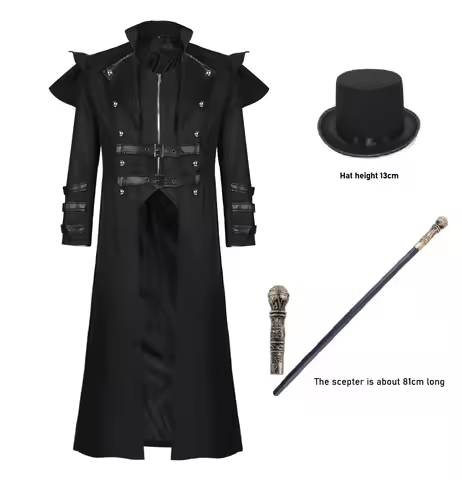 Halloween cosplay: a medieval stage performance costume with a split windbreaker, hat, and scepter f