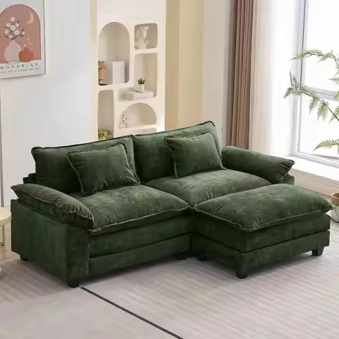 86 L-Shaped Chenille Couch with Ottoman and Throw Pillows, Sleeper Sofa for Living Room (Green)