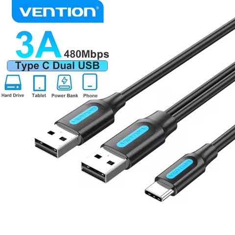 Vention Type C Dual USB Cable 60W 3A Fast Charging Cable Hard Drive Data Transmission Cord for Samsu