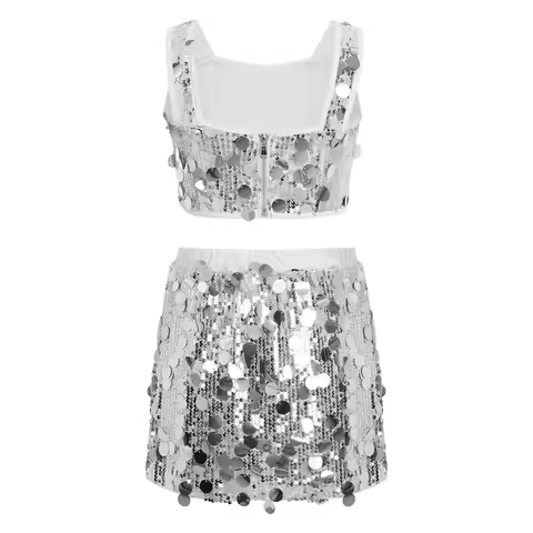 Children Sequin Music Festival Outfit Clothes Kids Shiny Fashion Streetwear Girls Shiny Suits 70s 80