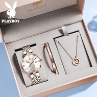 PLAYBOY [ของแท้ 100%] นาฬิกาผู้หญิงกันน้ํา 2024 ใหม่หรูหราแฟชั่นปฏิทินโรสโกลด์ควอตซ์นาฬิกาของขวัญสร้อยข้อมือสร้อยคอชุดของขวัญกล่องของขวัญ