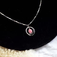 短身粉紅色不明寶石切割面鍍銀項鍊 日本高級二手古著珠寶首飾