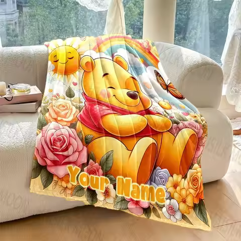 (Memo U Name)1PC Personalized Custom Name Blanket Winnie the Pooh Printed for Sofa Bed Travel Campin