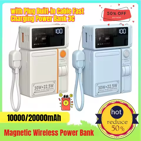 20000mAh Magnetic Wireless Power Bank with Plug Built-in Cable Fast Charging Power Bank 3C