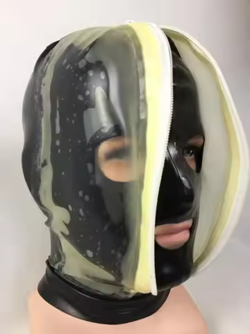 100% Latex Hood Rubber Fetish Cosplay Black Transparent Double Layer Hood 0.4mm
