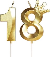 Yiran Gold 18th Birthday Candles with Crown Decor, 3D Number 18 Candle, 18th Birthday Candle for Cak