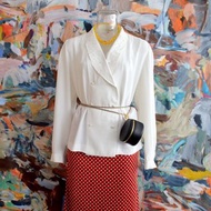 A日本中古 米白色刺繡關刀領口尼親薄身西裝外套日系貴婦文青古著